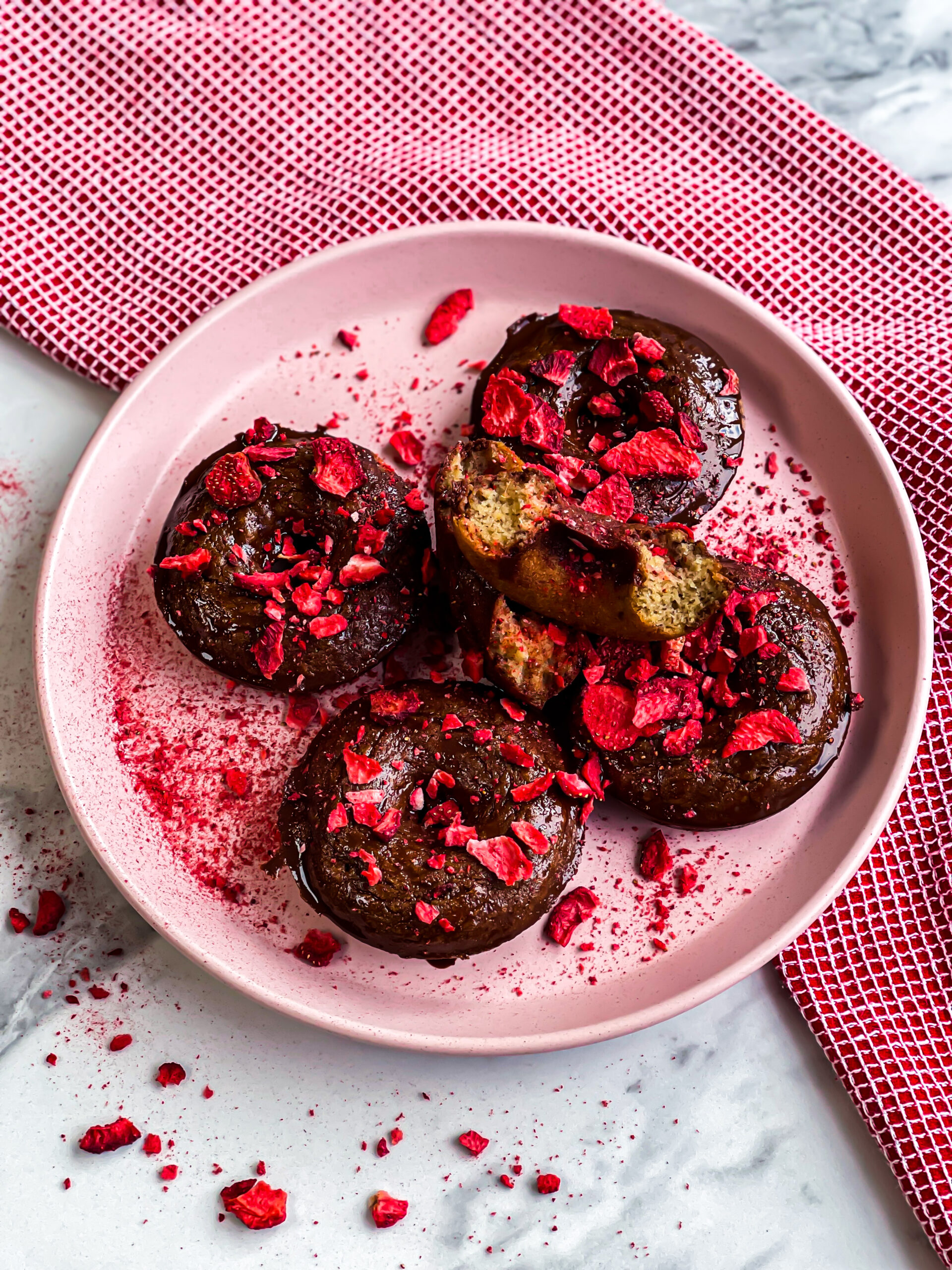 Banana Baked Donuts With Chocolate Frosting And Freeze-Dried Strawberries